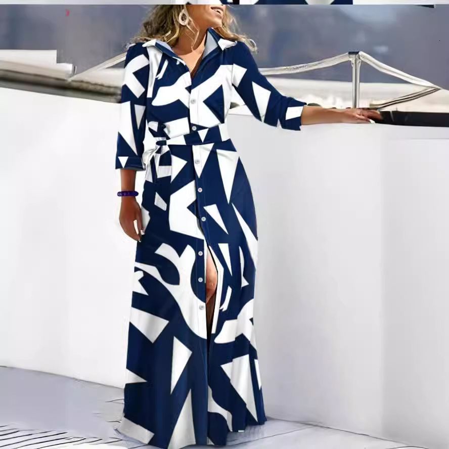 2023 autumn new fashionable long sleeved printed shirt skirt long dress for women