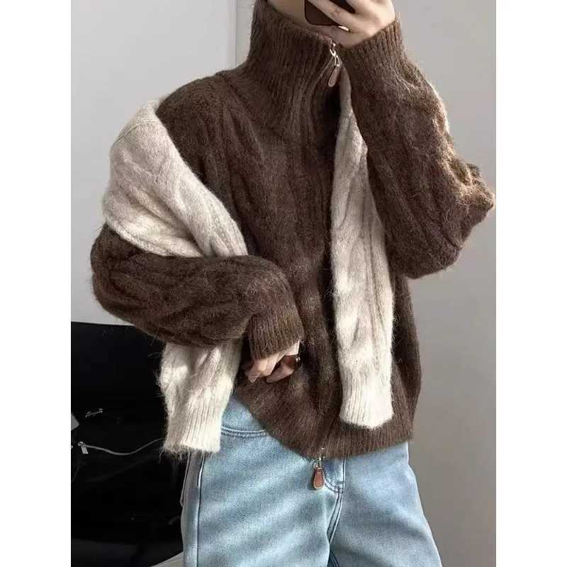 Korean Double Zipper Solid Color Fried Dough Twists Turtleneck Women Retro Sweater Autumn Winter New Casual Knitted Cardigan 10T251125