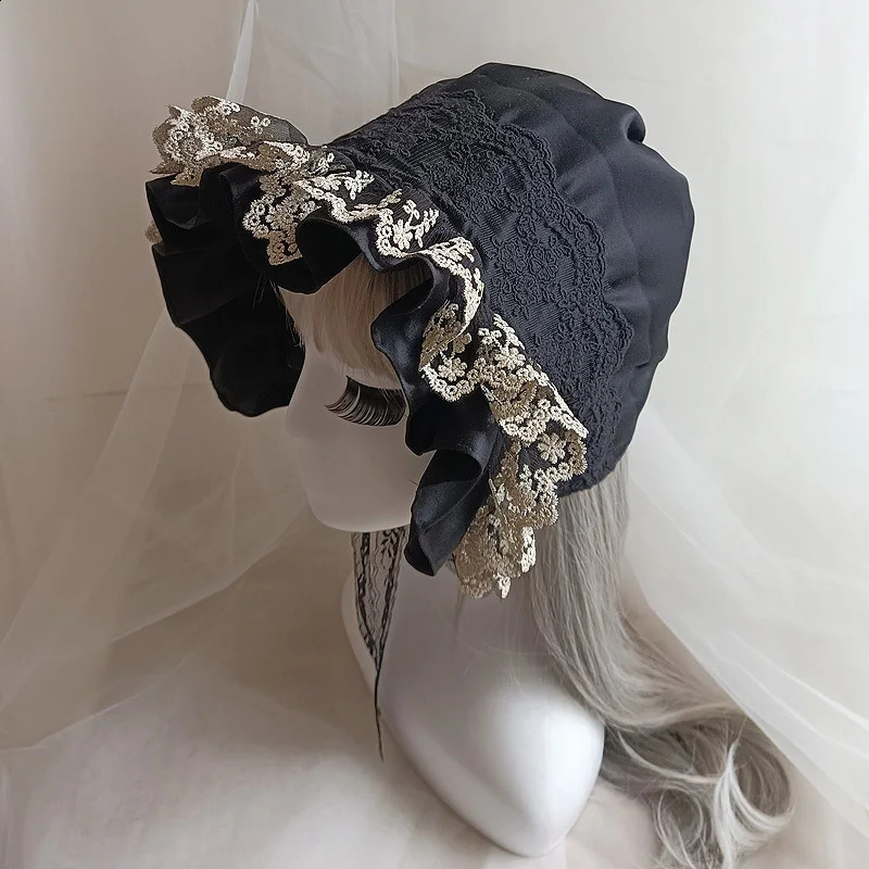 Medieval Vintage Maid Cosplay Pumpkin Cotton Cap Lace-up Adjustable Hat Women Girls Lolita Lace Bonnet Ruffled Hat 250420