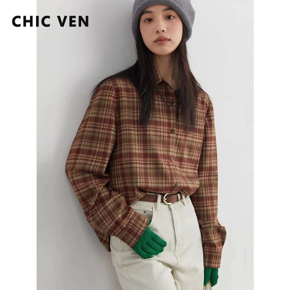 CHIC VEN Retro Women's Shirt Long Sleeve Sanding Single Breasted New Loose Casual Plaid Lapel Female Blouses Spring Autumn 2025