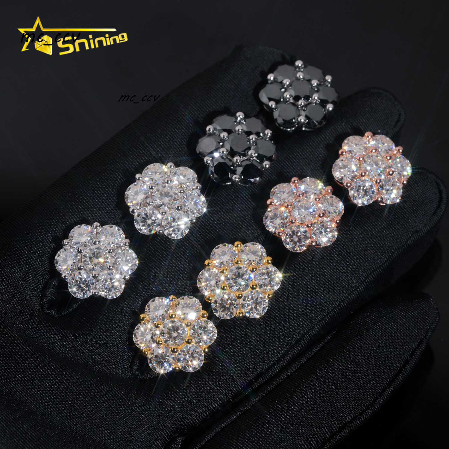 Hot Sale Design Gold Plated Flower Set Lab Diamond Moissanite S925 Sterling Silver Iced Out Jewelry Stud Earrings Men Women