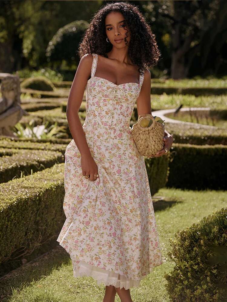 Dongdumaoyi Townlike Waist Wrap Print A Line Midi Long Dress Women Spaghetti Strap Spring Summer Backless Sexy Party Dresses