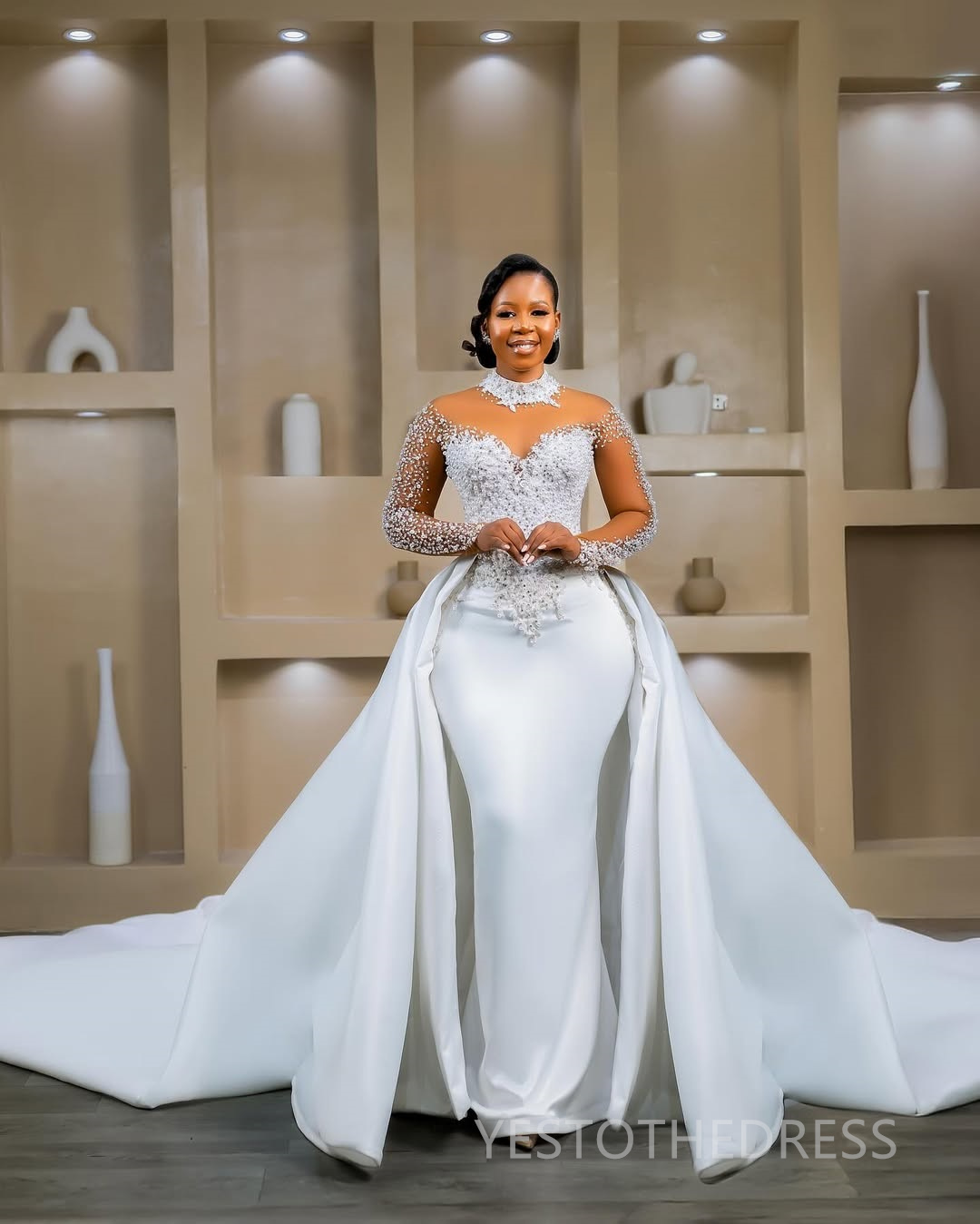 2024 Plus Size African Mermaid Wedding Dress Bridal Gowns For Bride Illusion Detachable Train High Neck Beaded Lace Rhinestones Wedding Gowns For Blac