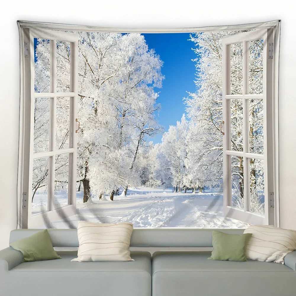 Window Outside Snowflake Forest Tapestry Winter Landscape Tapestries Wall Hanging Home Art Decor Blanket for Bedroom Living RoomM251125