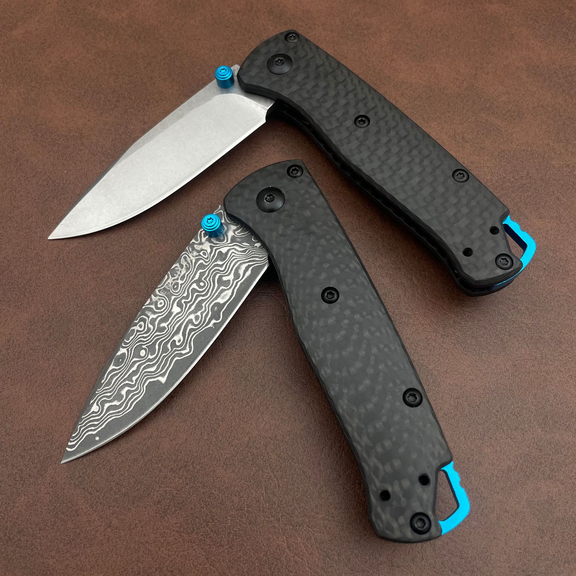 2Models Mini 533 Bugout AXIS Folding Knife 2.75 S90V/Damascus Plain Blade, Carbon Fiber Handles - 533-3