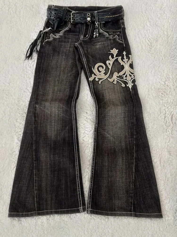 Y2K American Retro Embroidered Pattern Womens Trumpet Jeans Street Fashion Gothic Slim Mop Pants Womens Jeans 250422