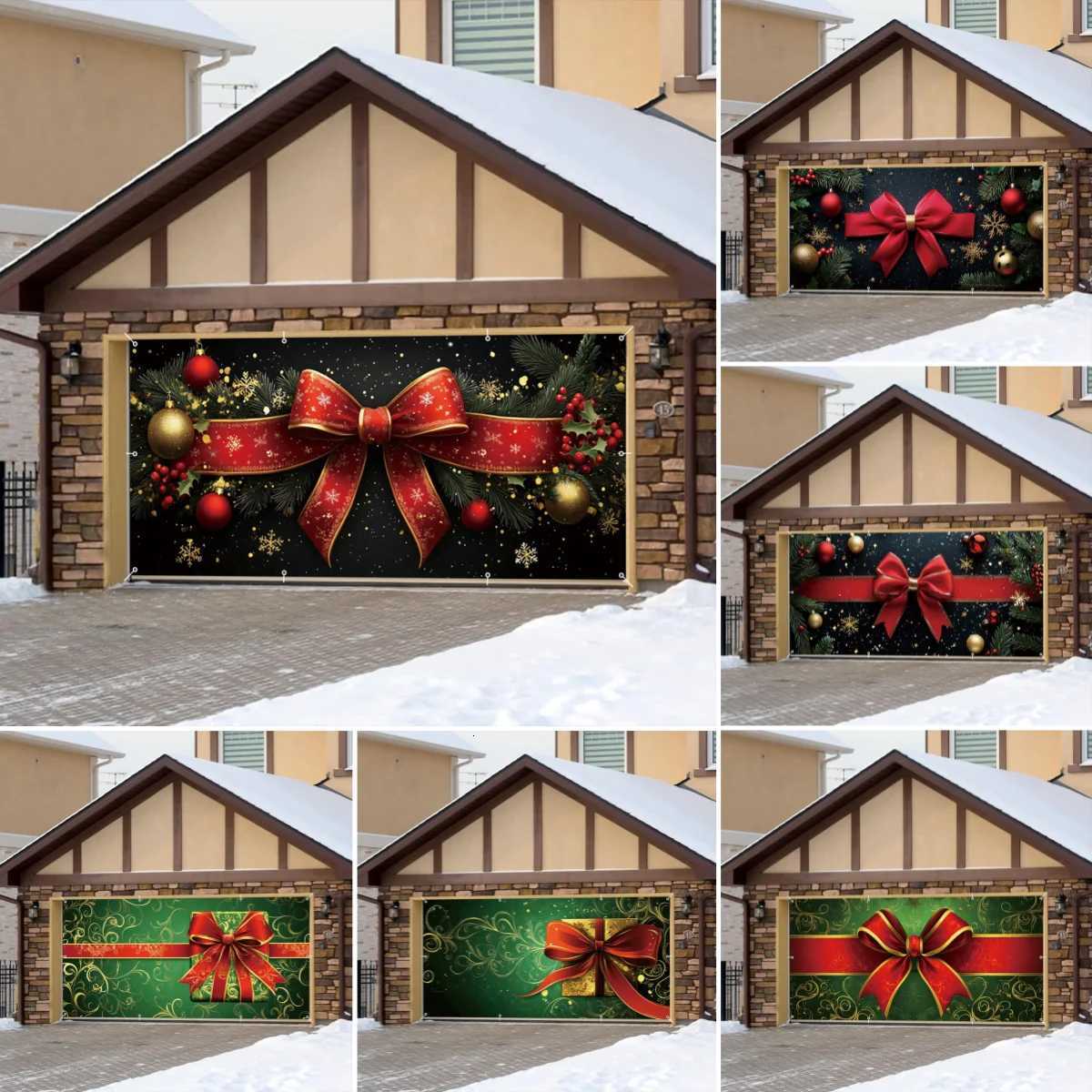 Luxury Christmas Garage Door Background Red Bows Ornaments Merry Christmas Party Holiday Outdoor Large Banner Decor BackdropM251125