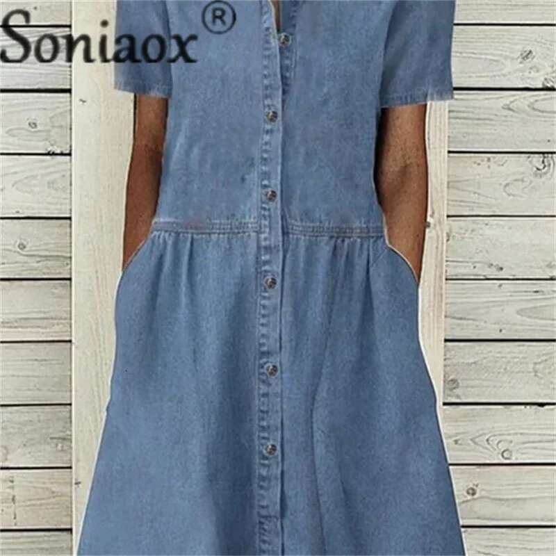 Designer Clothes Elegant Solid Color Short Sleeve Denim Dress Summer Lapel Single-Breasted Splice Dressy Female Comfortable Commuter Casual Gown
