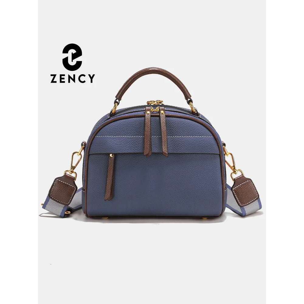 Zency Dark Blue Fashion Genuine Leather Crossbody Shoulder Bagwith Two Long Straps Women Multi-Pockets Handbag For Commuters