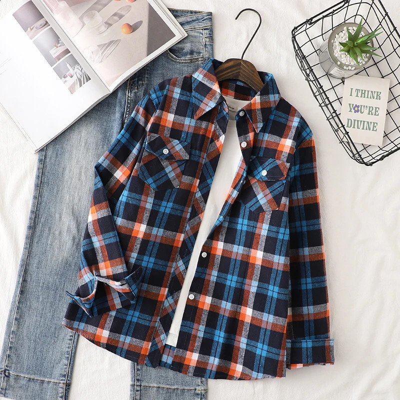 Cotton flannel plain weave womens shirt autumn item womens casual slim fit long sleeved shirt and top womens checkered clothing 250418