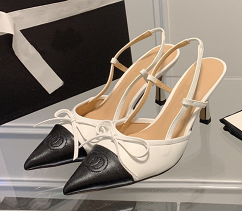 Designer shoes with back straps high heels women's sandals leather formal shoes 7cm high heels black pointed bow ankle strap party shoes designer sandals 35-42 with Box