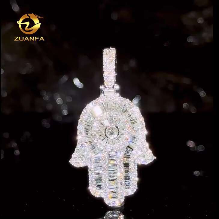 Lucky Charm Custom Baguette Diamond Moissanite Hamsa Hand Pendants Fatima Hand Iced Out Jewelry Gift for Girlfriend