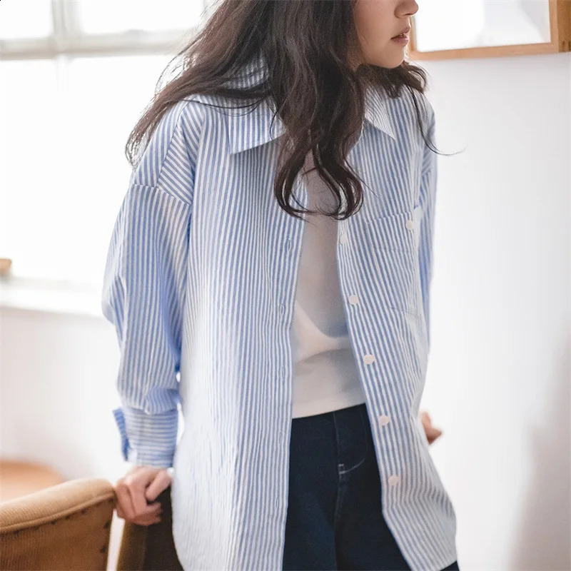 Maden Womens Blue and White Striped Shirt and Shorts Set Loose Casual French Classic Summer Set Elegant Pair Two Piece Set 250418