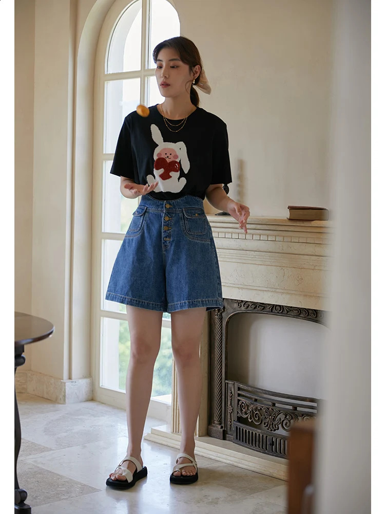 DUSHU 100% pure cotton short sleeved wave waist retro high waisted denim shorts for womens summer A-LINE fully matched casual ultra-thin denim shorts 