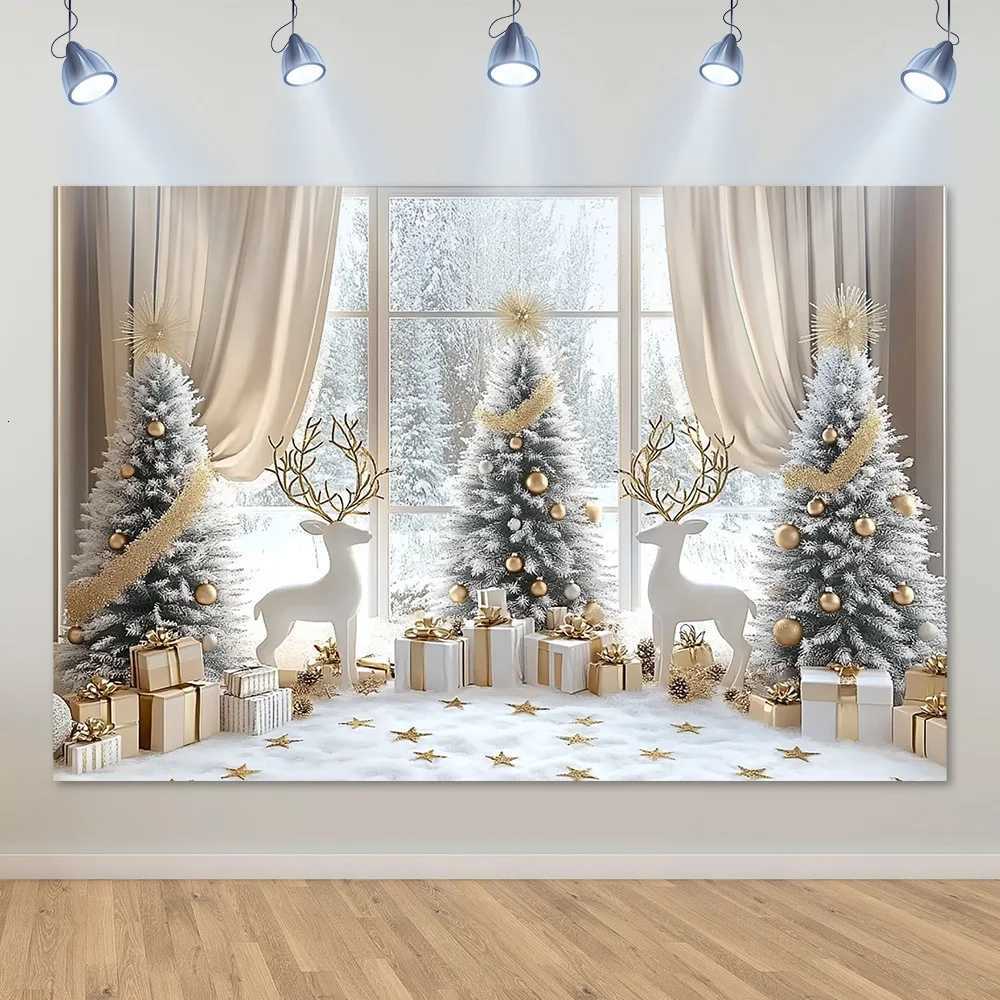 VIKAMA American Christmas Tapestry Snow Forest Window View Reindeer Christmas Tree Living Room DecorationM251125