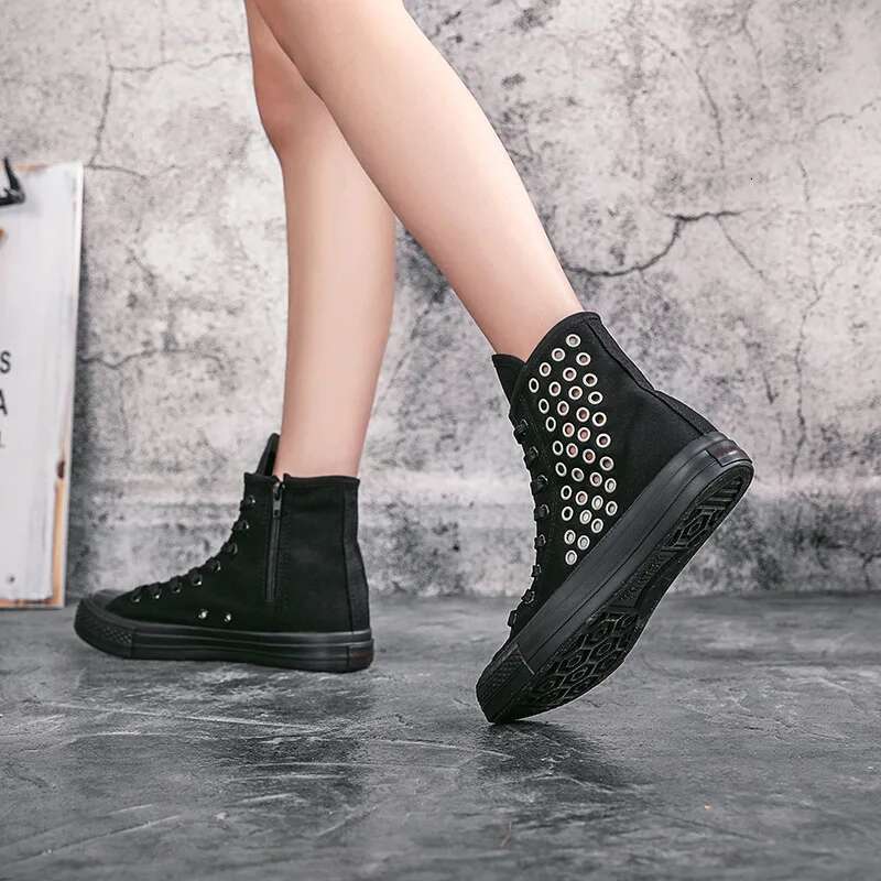 Spring new medium-sized lace-up side zipper rivet breathable short canvas flat inner heightening large size women's shoes