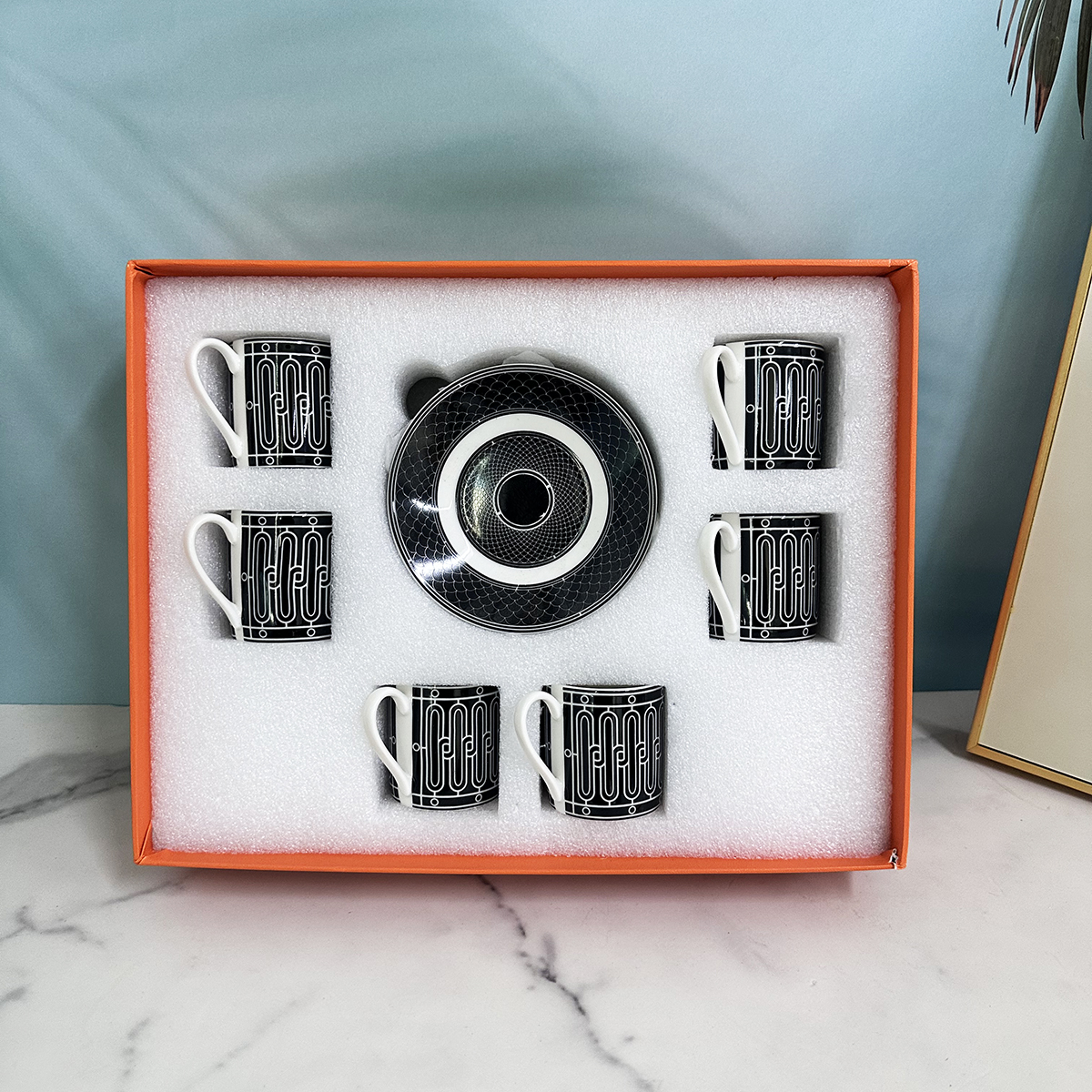 6-Cup Espresso Set Premium Bone China - European Style Porcelain Demitasse With Gold Trim 111