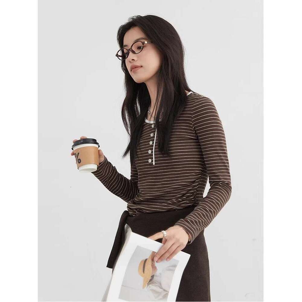 CHIC VEN Women T-Shirts O Neck Loose Casual New Contrasting Button Striped Tees Slim Basic Female Top Spring Autumn 2024