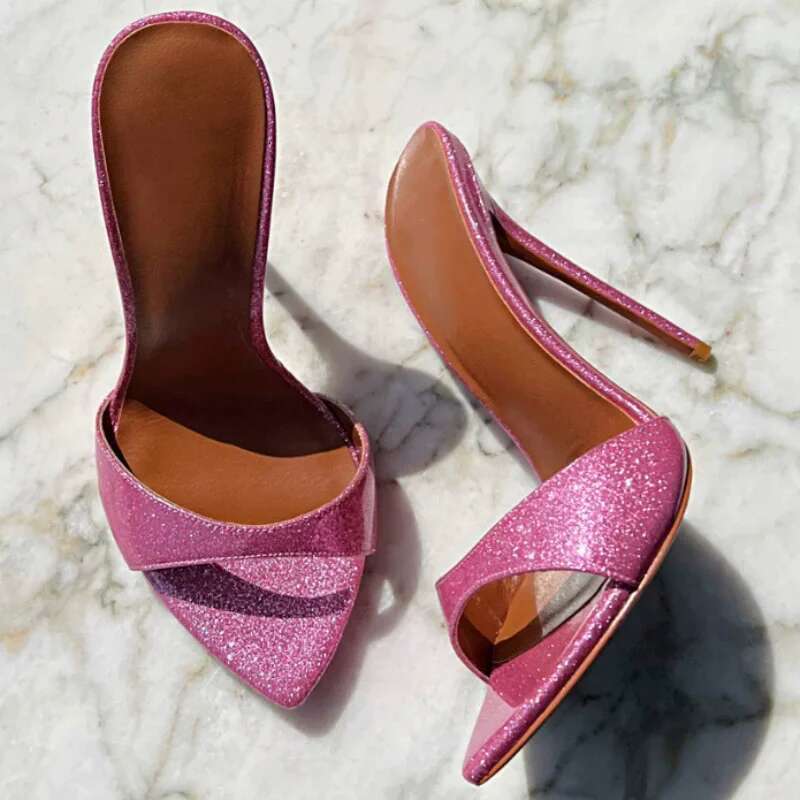 Summer new pointed patent leather sequins with sexy fashion slippers stilet high-heeled banquet dress large size women's sandals
