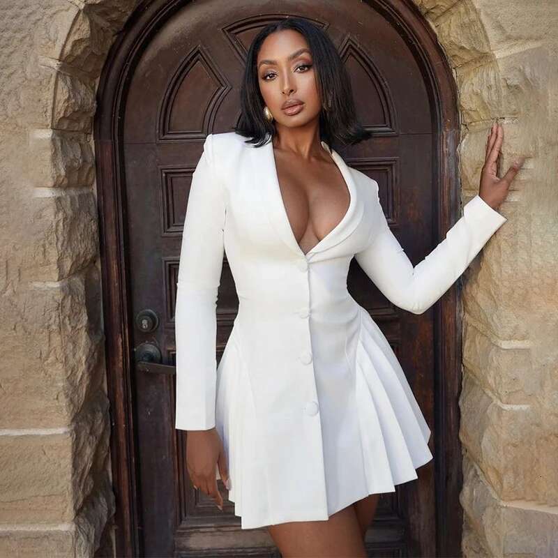 Dongdumaoyi Townlike Elegant Waist Wrap A Line Pleated Suit Dress Women Mini Autumn Winter Deep V Neck Sexy Party Dresses