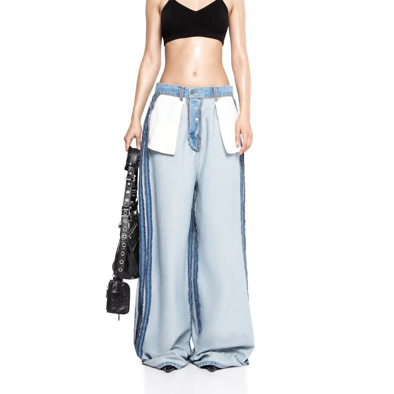Womens spliced wide leg jeans high waisted zipper fly loose fitting pockets washable Distressed fulllength with springs 250417