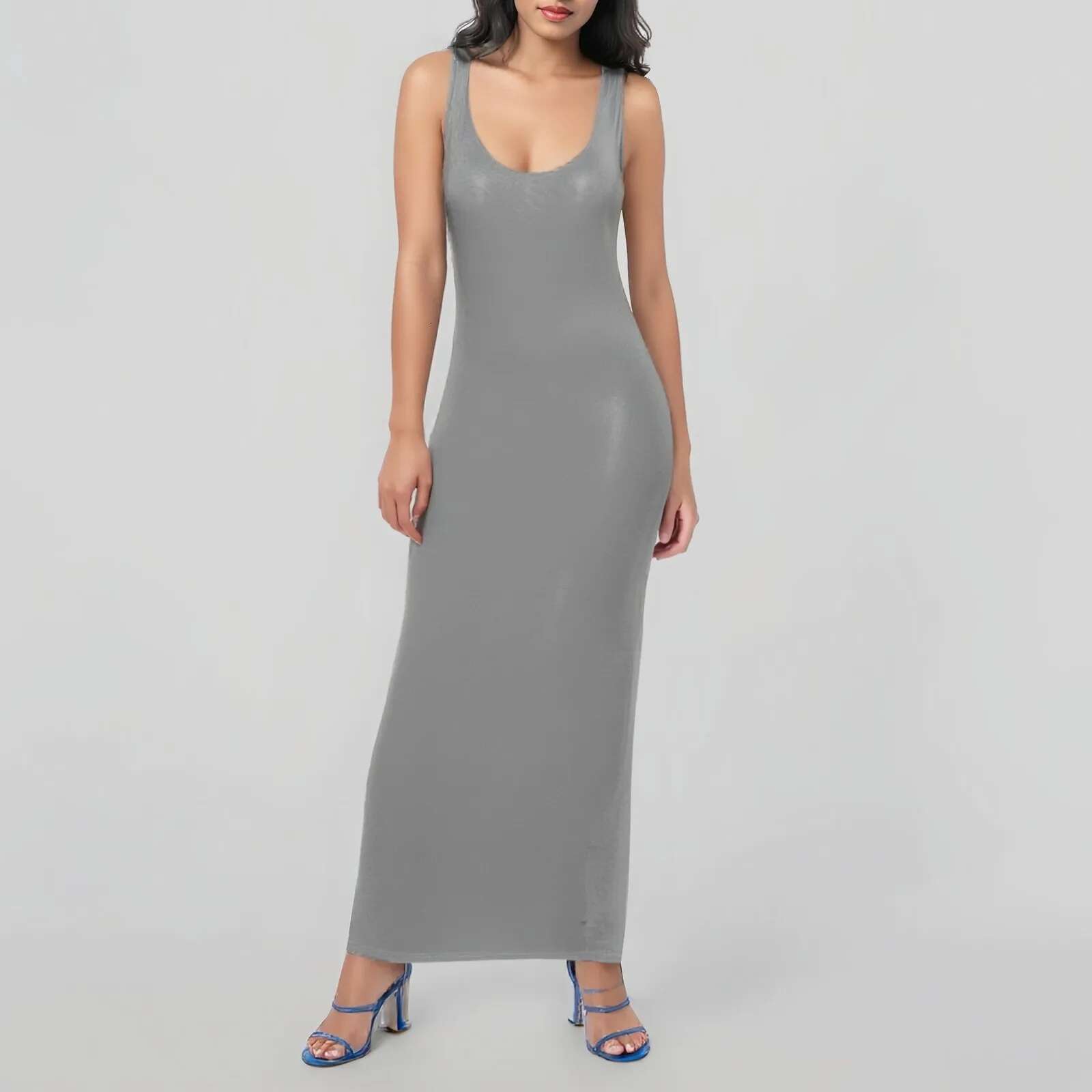 Dongdumaoyi Sleeveless Women High Stretch Tank Robe Summer O Neck Bodycon Long Dress Ladies Solid Slim Beach Maxi Dresses Vestidos
