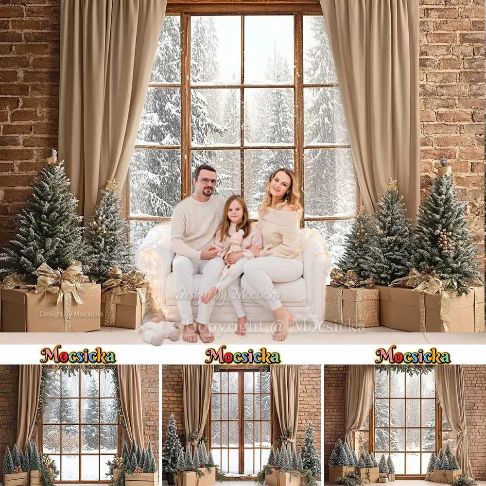 Christmas Room Window Background Photography Brown Curtains Brick Wall Xmas Tree Gift Backdrop Winter Family Indoor Photo StudioM251125