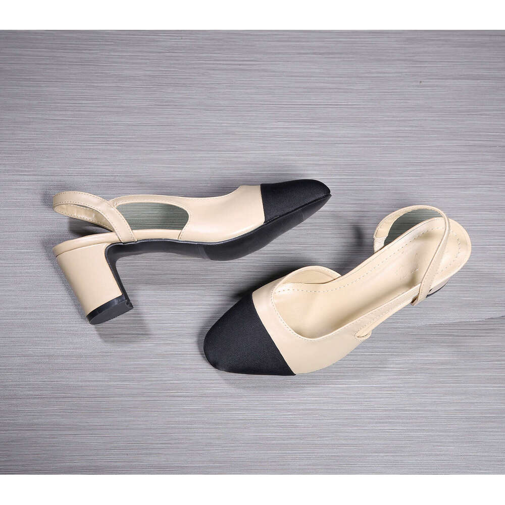 Soft leather color matching sandals, flat bottomed thick high heels, French style small fragrant shallow mouth single shoes, women's spring middl