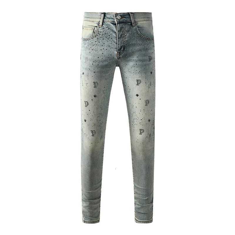 Fashion New Arrivals American High Street Distressed Blue Skinny Rhinestones Letters Button Fly Jeans Pants Y251124