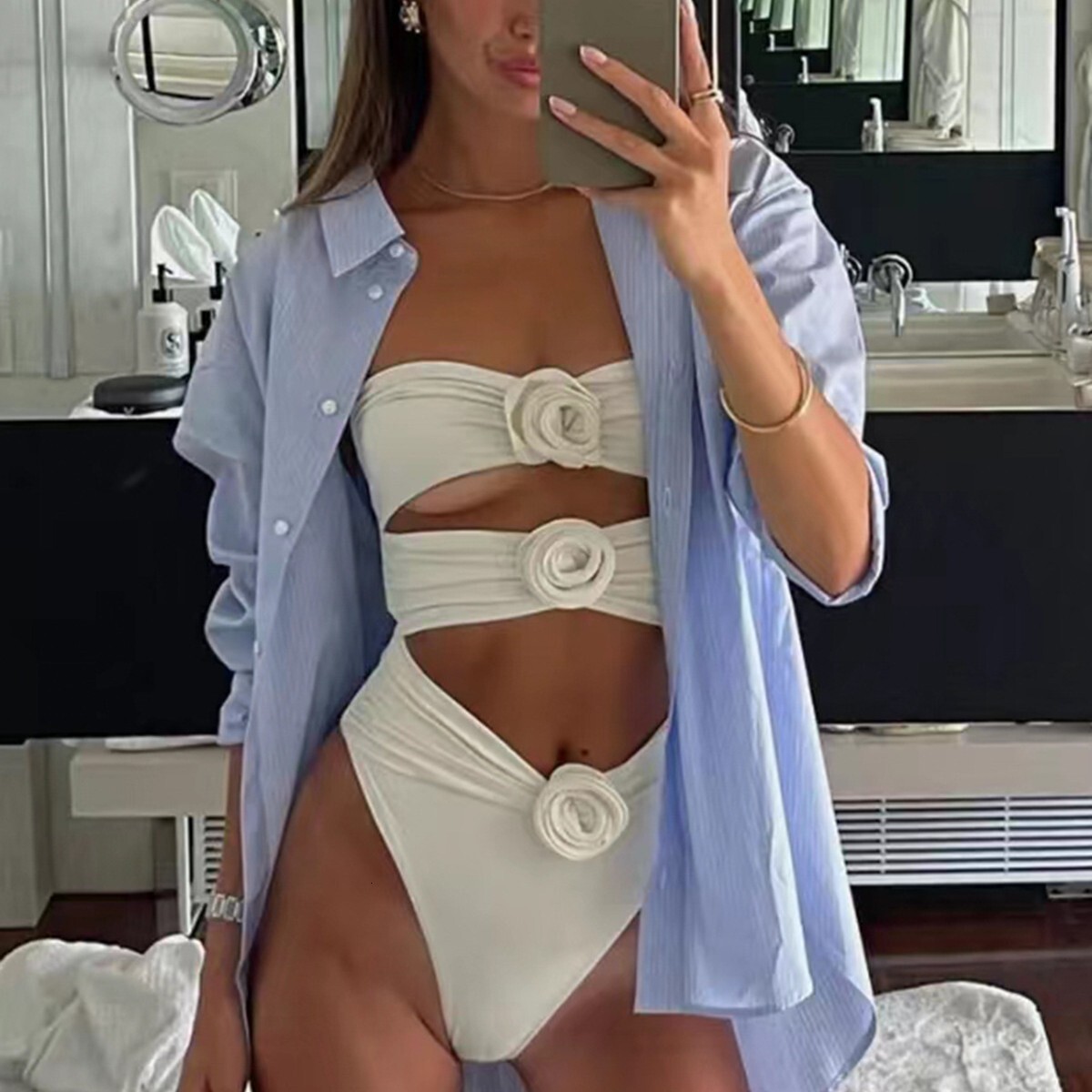 2025 Designer's New One-piece Bikini Swimsuit Luxury 3D Three-dimensional Flower Hollow Women's Beach Wear Gathering High Waist One-piece Sw