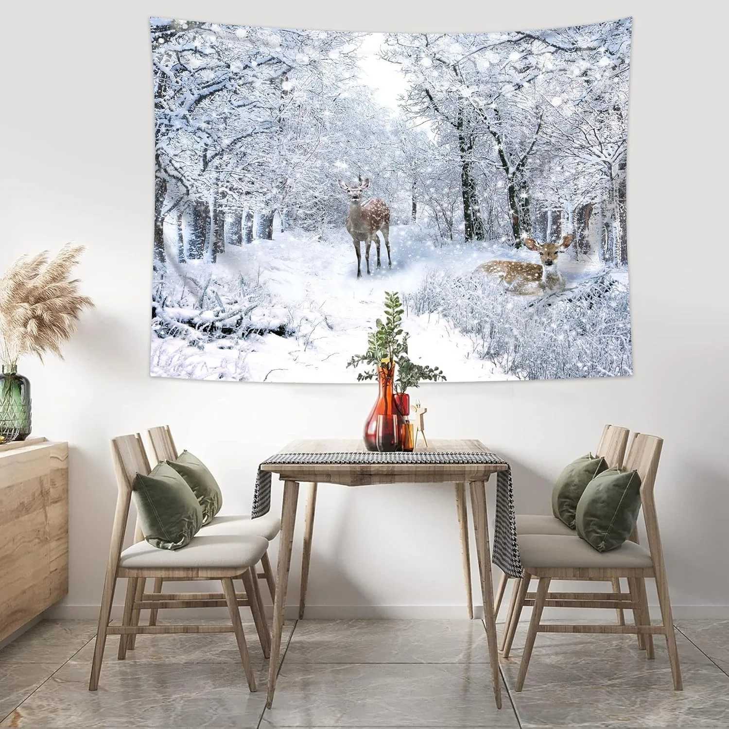 Winter Snow Scenery Forest Christmas Decoration Print Tapestry Christmas Party Decoration Banner Home Studio Wall Mounted DecoraM251125