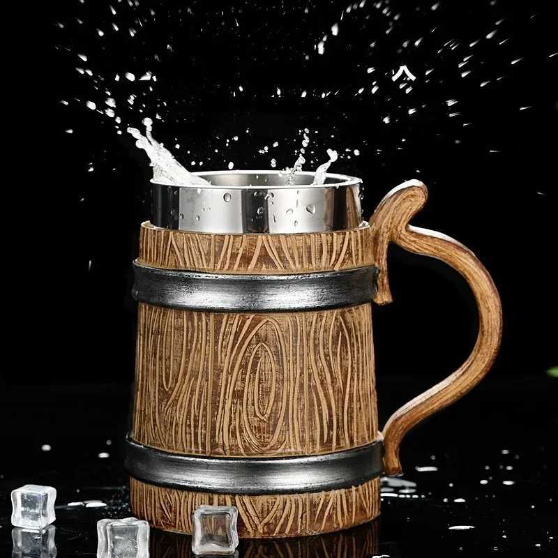 Wooden Beer Mug 600ml Germany Wood Grain 304 Stainless Steel Medieval Tavern Imitation Barrel Tankard Coffee Cup Men Gift Retro Y251125
