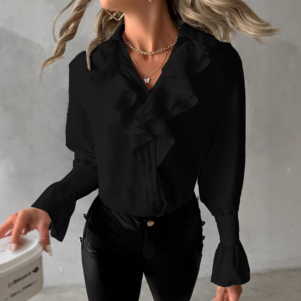 2023 autumn fashion ruffled long sleeved V-neck solid color womens shirt
