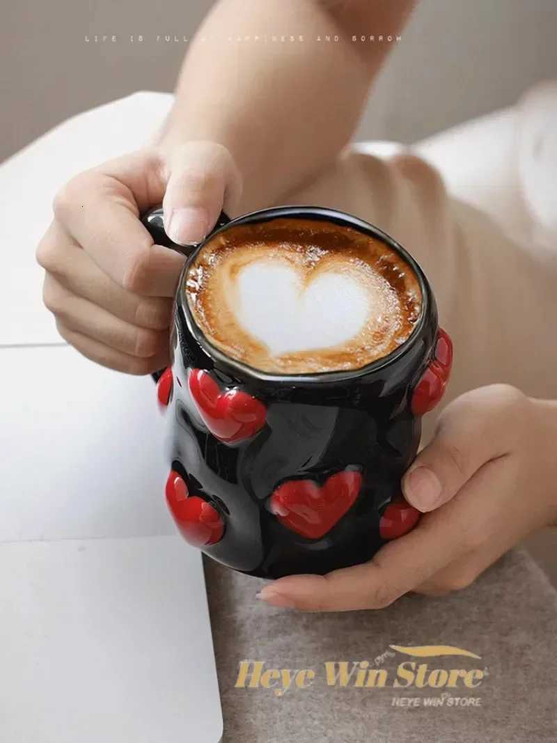 3D Heart-shaped Design Vintage Ceramic Mug Cute Large Capacity 3D Embossed Coffee Cup Kitchen Drinkware Set Y251125