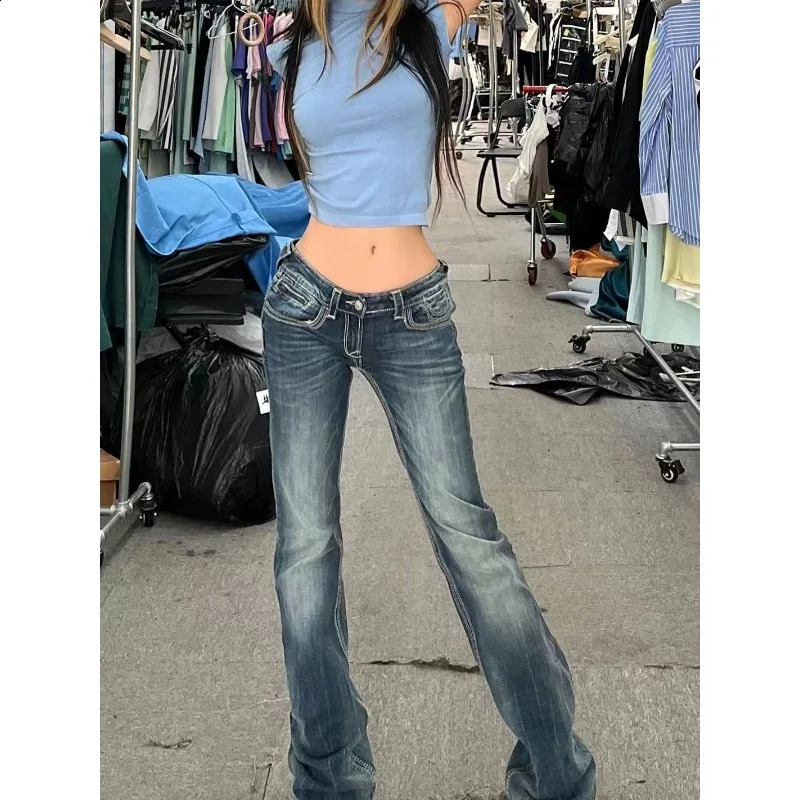 Womens Gyaru Japanese Harajuku Garbage Y2K Jeans Low Rise Shining Denim Pants 2000s Clock Bottom Pants Kpop Retro Ultra Thin Pants 250422