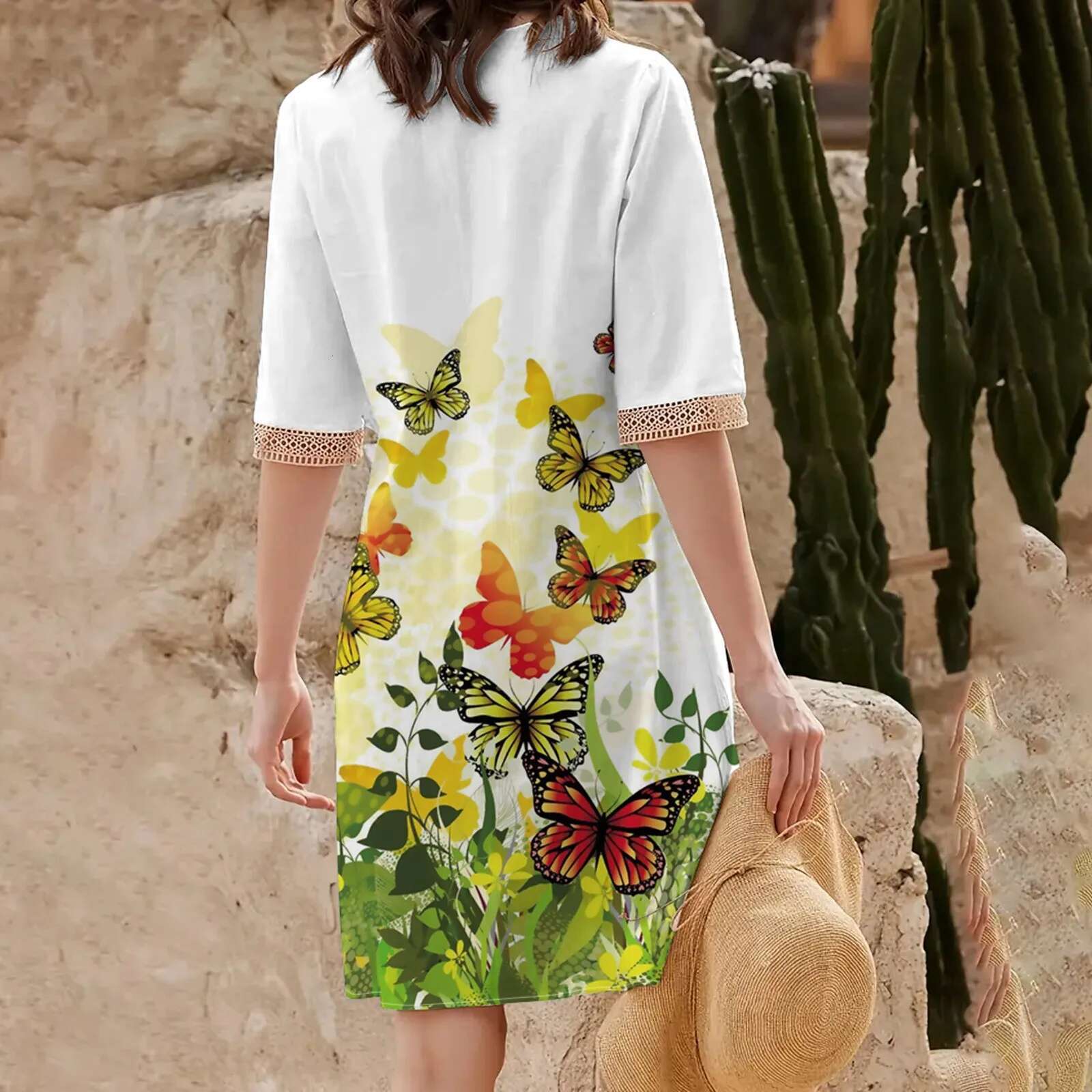 Dongdumaoyi Butterfly Print Women S Bohemian Dress New Spring Summer Lace V Neck Loose Swing Short Sleeved A Line Robe