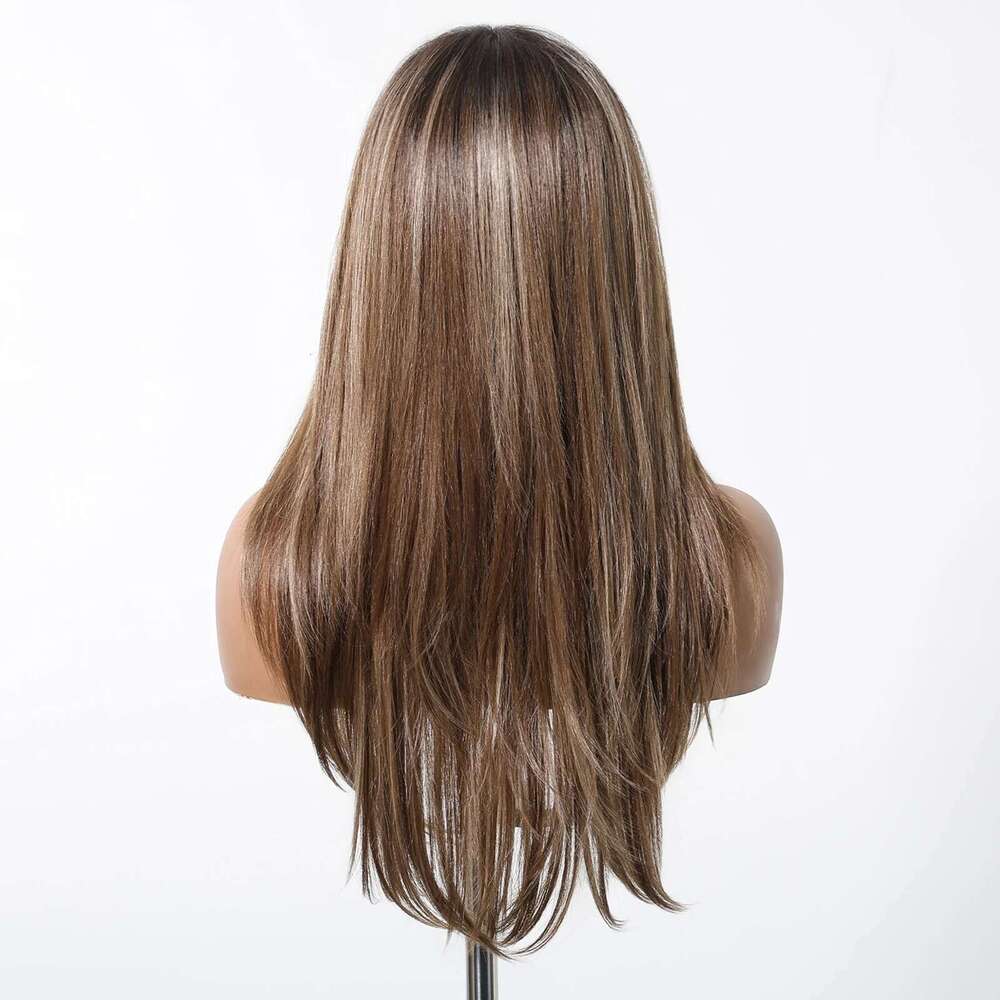 13*6 Transparent Lace Frontal Synthetic Long Straight Layered Hair Brown Blonde Highlight Wigs For Afro Women Brazilian Wig