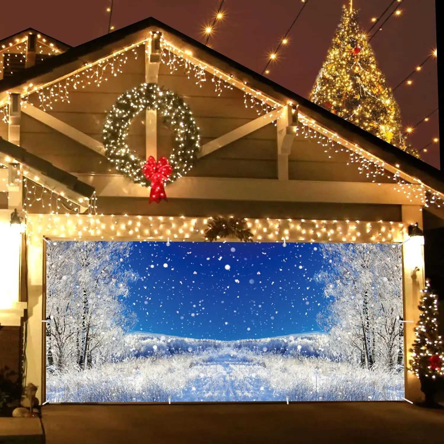 Winter Garage Door Decoration Banner Snowy Forest Backdrop Christmas Winter Festival Party Large Hanging Photography BackgroundM251125