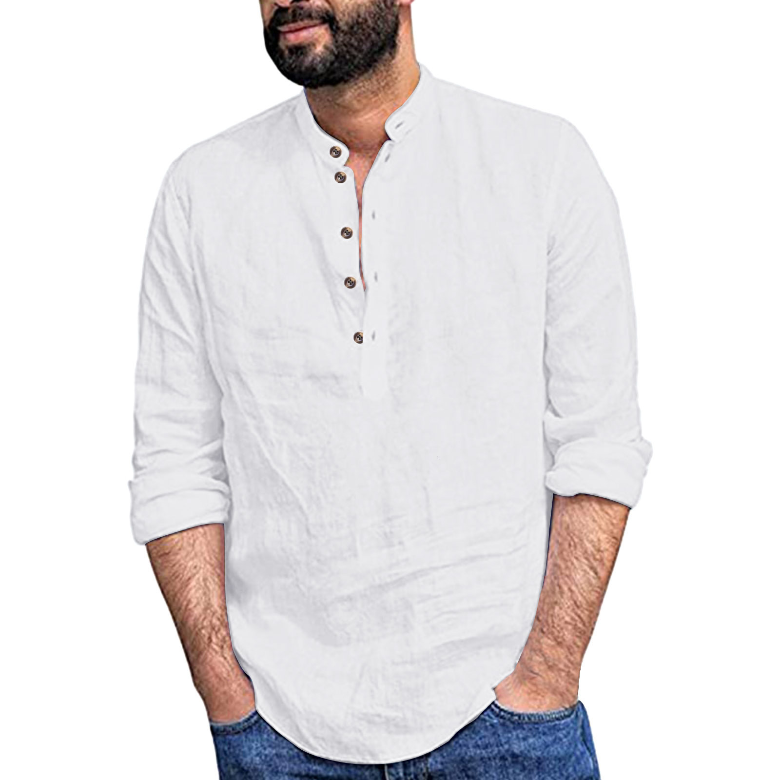 Casual mens loose shirt mens fashion stand collar cotton linen long sleeve color 2022