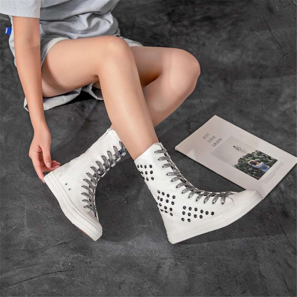 Spring new medium-sized color lace-up side zipper riveted canvas casual soft sole inner heightening large size women shoes