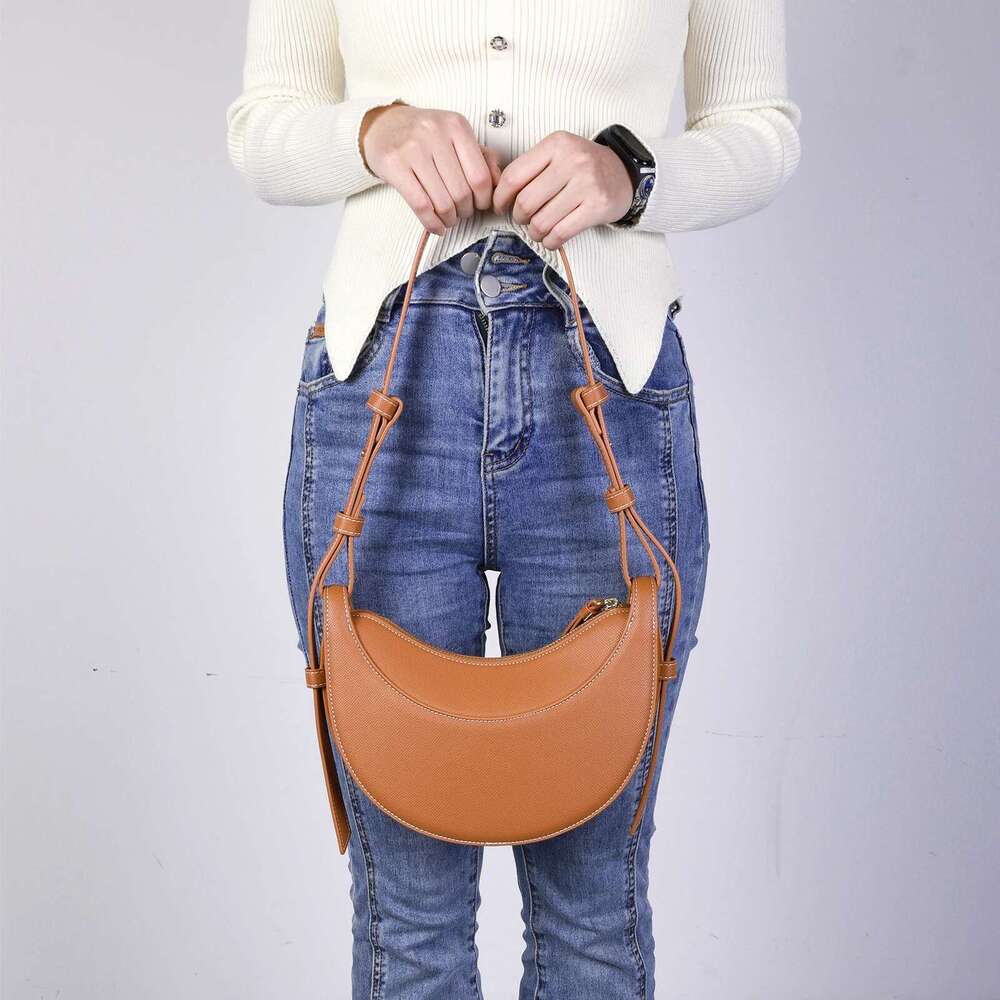Brand Hand Bags Women's Litchi Pattern Crescent Genuine Leather Underarm Saddle Adjustable Strap Shoulder Bag