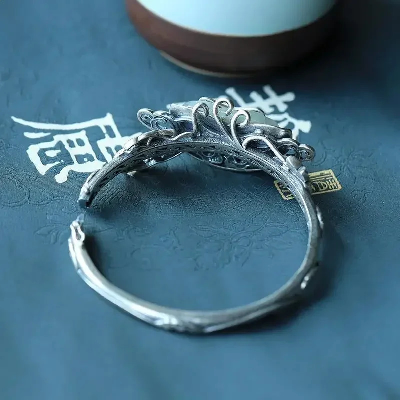 original and old handmade butterfly silver inlaid Ruyi Hetian jade open bracelet retro ladies jewelry 250424