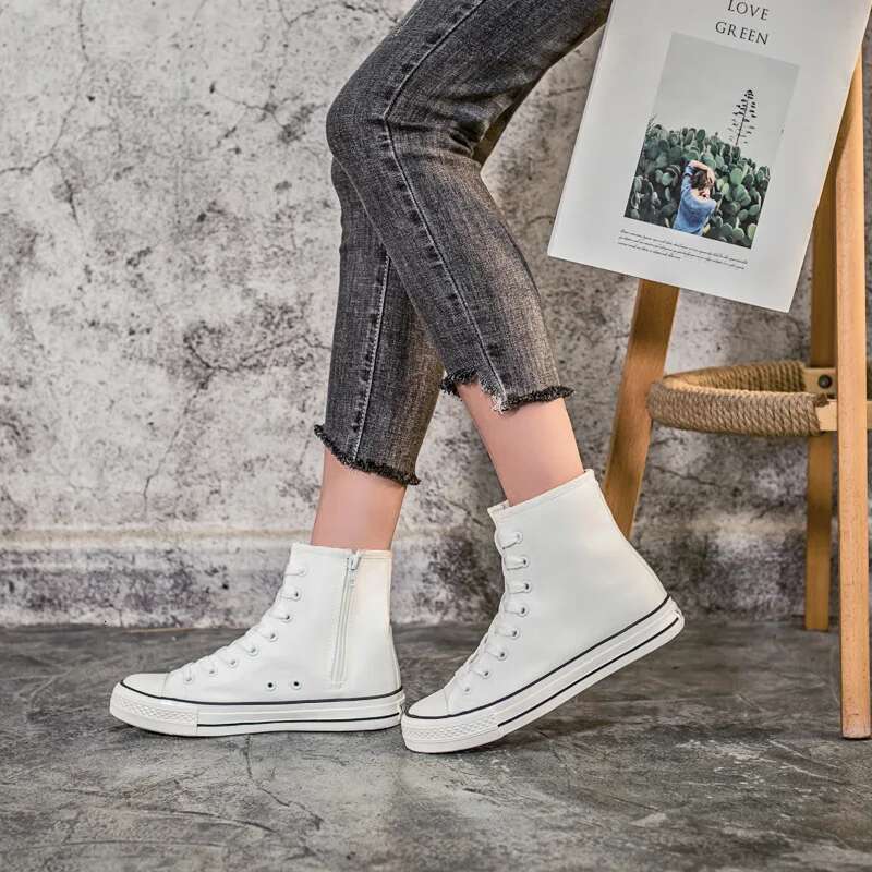 Spring new short tube embroidered lace-up side zipper flat canvas casual print inner heightening large size women's shoes
