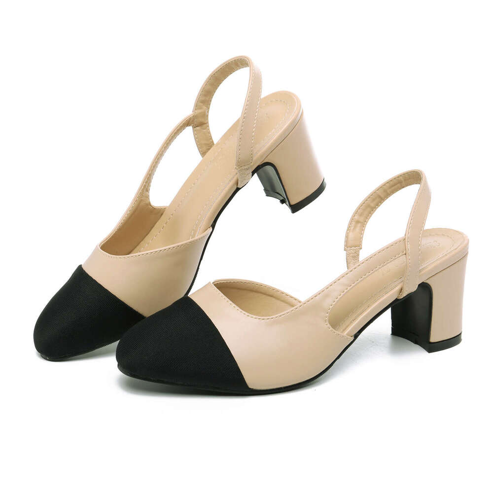 Soft leather color matching sandals, flat bottomed thick high heels, French style small fragrant shallow mouth single shoes, women's spring middl