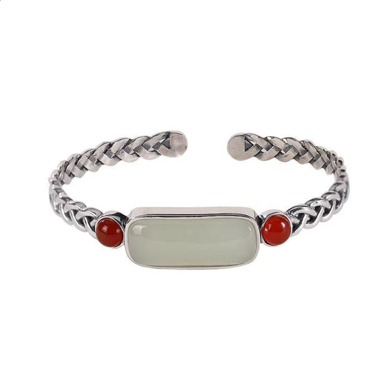 Natural an Jade Southern Red Tourmaline retro creative bracelet for women open bangles Original silver jewelry 250424