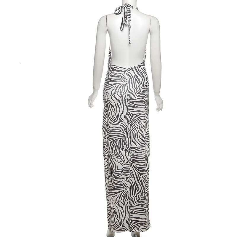 Dongdumaoyi Townlike Zebra Print Maxi Long Slim Bodycon Dress Women Halter Spring Summer Backless Nightclub Sexy Party Dresses
