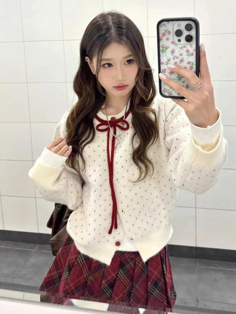 Korean Sweet Polka Dot Knitted Sweater Cardigan Women Design Fashion O Neck Y2k Jacket Tops Chic Preppy Style Retro Outfits NewT251125