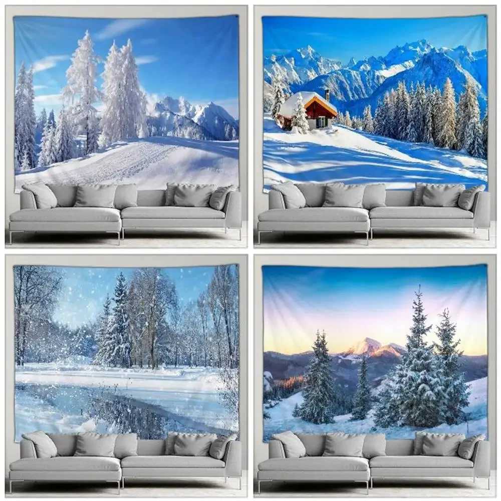 Outdoors Winter Forest Snow Scene Tapestry Wall Hanging Christmas Tree Happy New Year Bedroom Patio Wall Hanging Mural Art DecorM251125