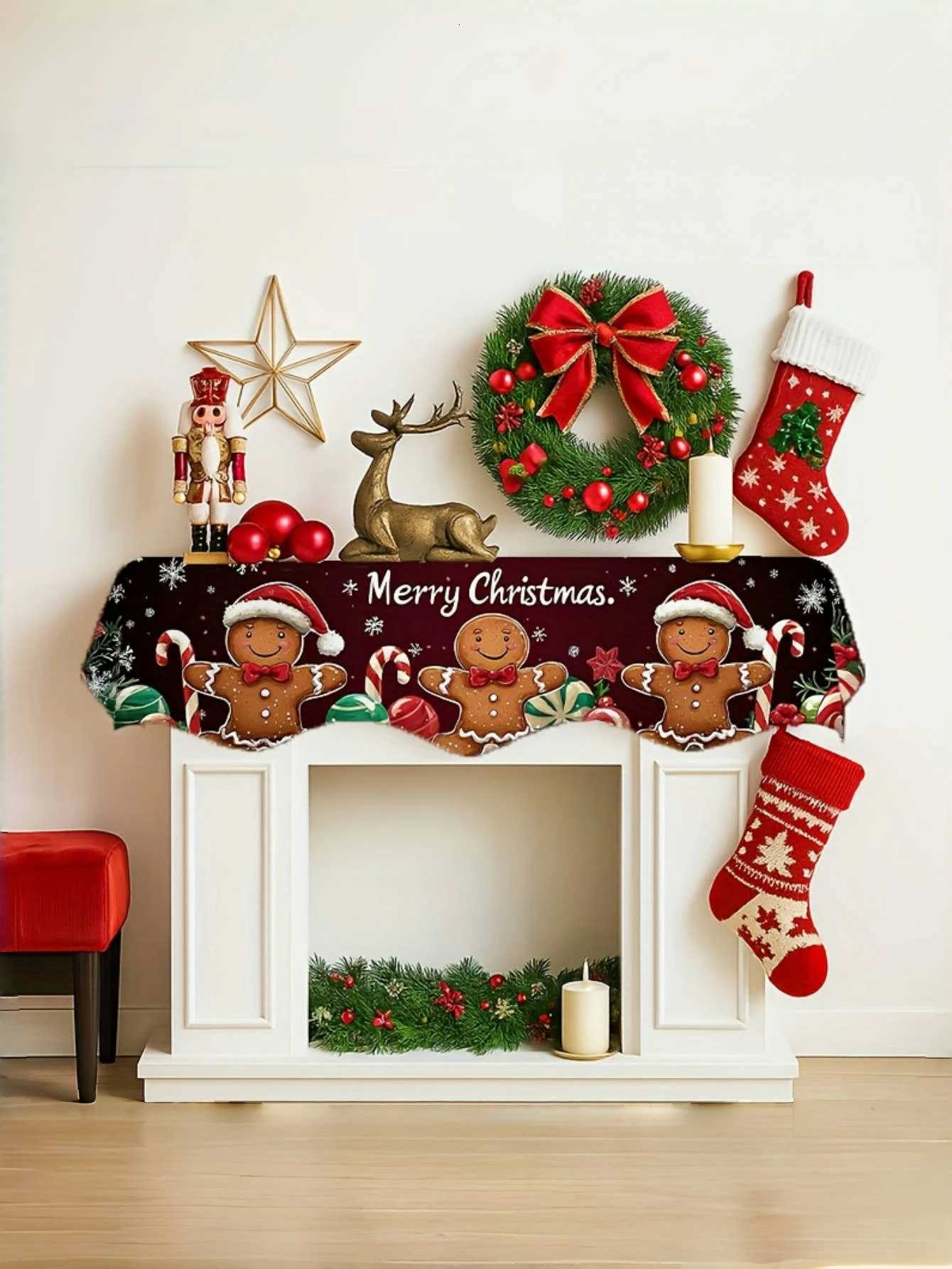 1 pcs Christmas Fireplace Scarf - with Gingerbread Man Greetings is your perfect holiday gift and suitable for home decorationM251125
