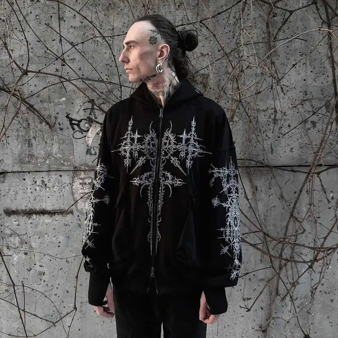 American Hot Black Gothic Line Pattern 3D Hollow Design Black Hoodie Mens Loose Street Hip Hop Trendy Clothing w250425